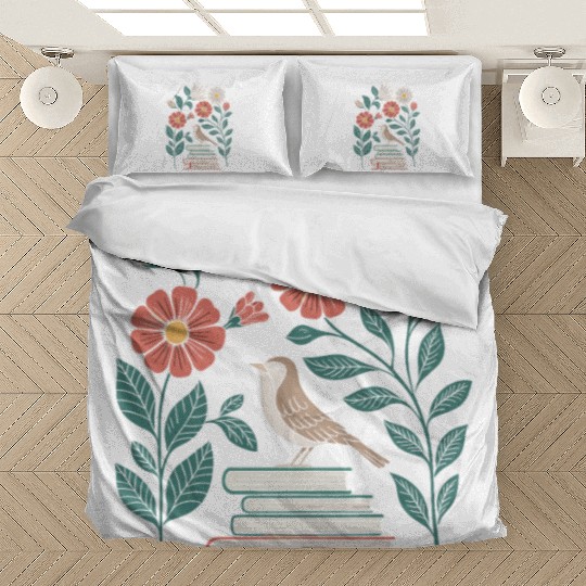 Cottagecore Bird on Books with Flowers Delight Bedding Sets