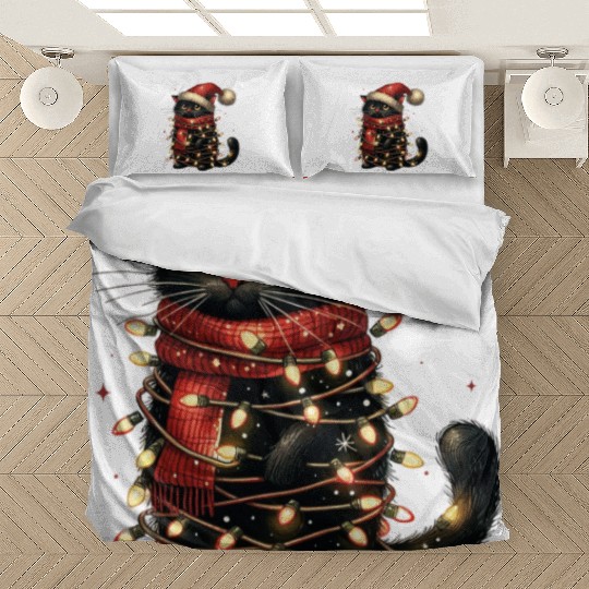 Black Cat In Christmas Light, Cat Lights Bedding Sets