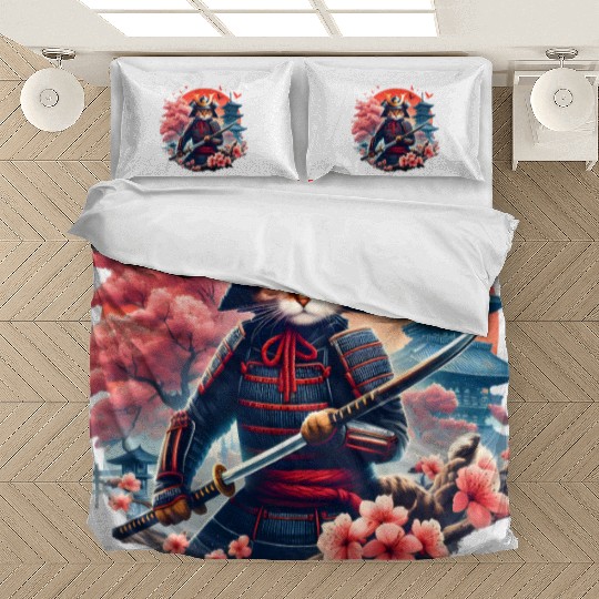 Samurai Cat Graphic Warrior Vintage Japanese Anime Bedding Sets