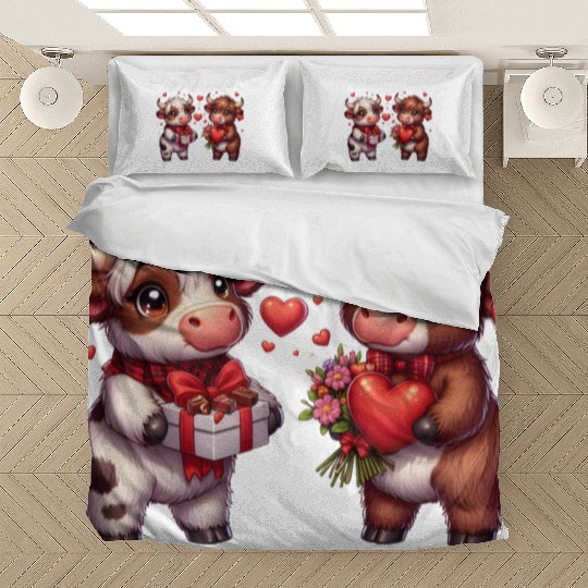 Cute cartoon valentines highland cow Bedding Sets