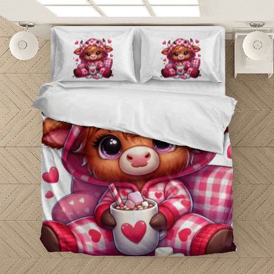 Cute cartoon valentines highland cow Bedding Sets