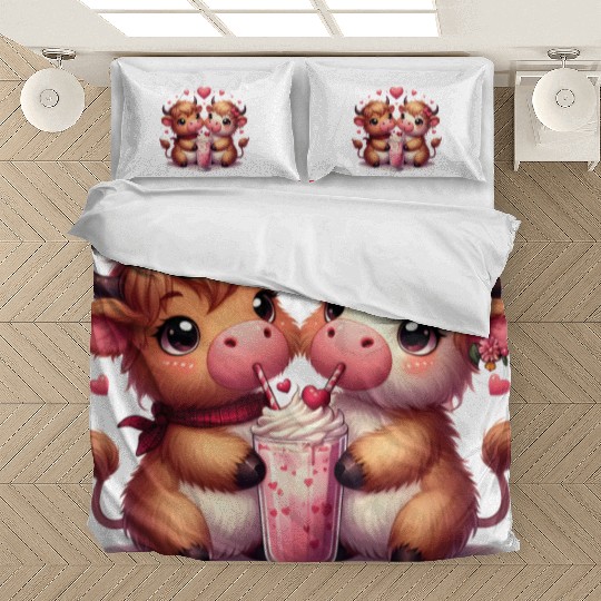 Cute Cartoon Valentines Highland Cow Bedding Sets