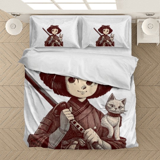 Chibi Samurai Warrior Cat Companion & Blossoms Bedding Sets
