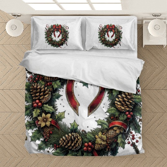 Rustic Christmas Wreath with Holly and Pine Cones Bedding Sets