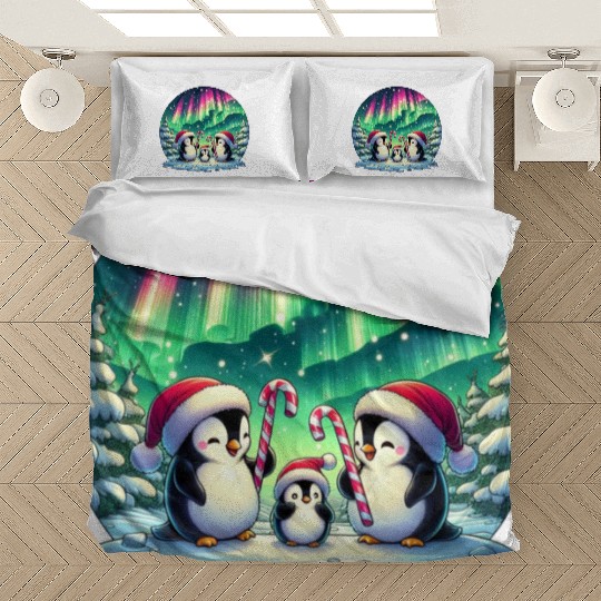 Penguin Family Christmas under the Aurora Bedding Sets