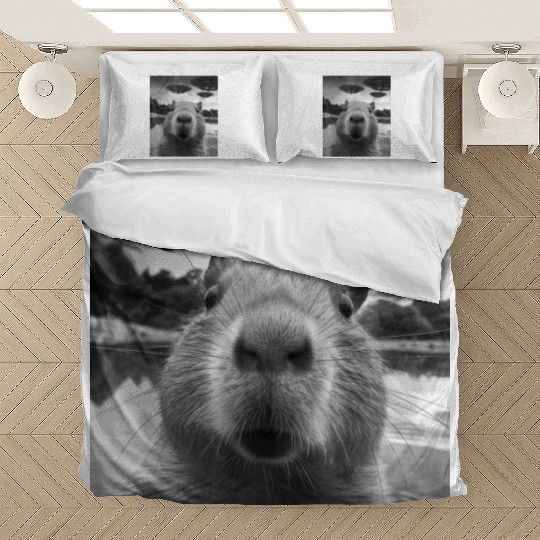 Funny Graphic Capybara Selfie with UFOs Weird Bedding Sets