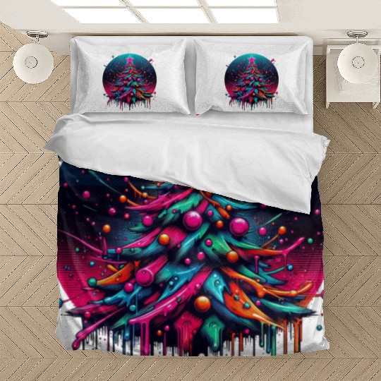Neon Graffiti Christmas Tree with Bold Spray Paint Bedding Sets