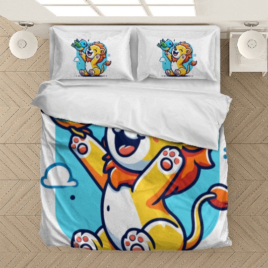 cute lion cub playing with a colorful bird Bedding Sets