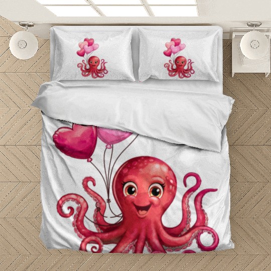 Octopus With Heart Balloons Valentines Day Octopus Bedding Sets