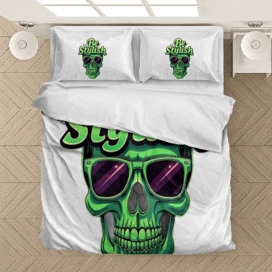 Be Stylish Vibrant Green Skull with Sunglasses Bedding Sets