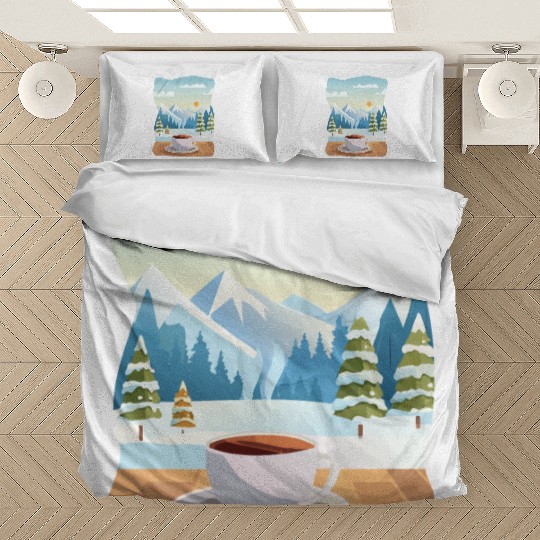 Coffee Cup and Winter Mountain View Bedding Sets