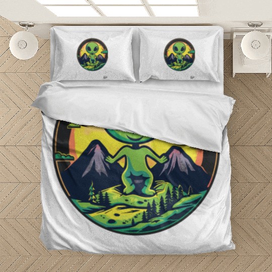 Cute Green Alien Loves Nature Bedding Sets
