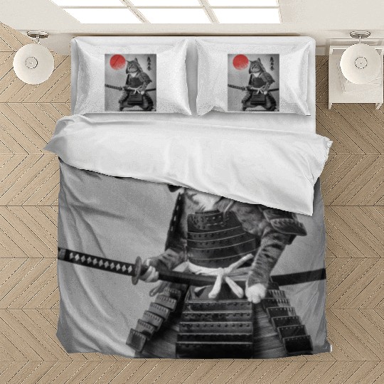 Kawaii Japanese Samurai Cat Vintage Japanese Cat Bedding Sets
