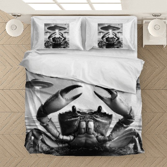 Crab Marine Funny Graphic Selfie with UFOs Weird A Bedding Sets