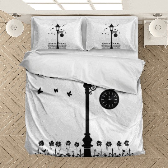 Street Lamp with Clock and Butterflies Silhouette Bedding Sets