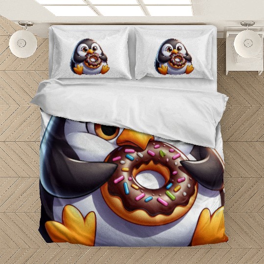 Cute chubby penguin with donut cartoon Bedding Sets