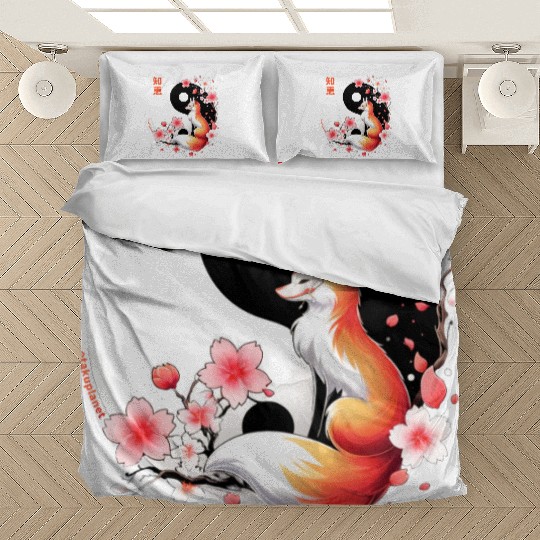 fox kitsune with cherry blossom in retro aesthetic Bedding Sets