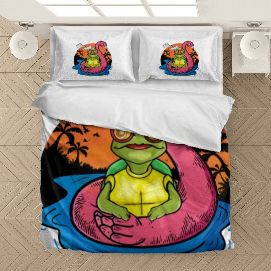 Funny Sea Turtle Swimming Flamingo Pool Sea Turtle Bedding Sets