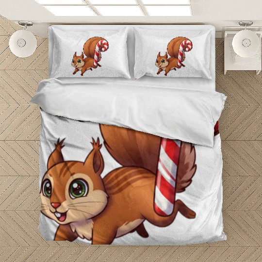 A squirrel with a candy cane tail. Bedding Sets