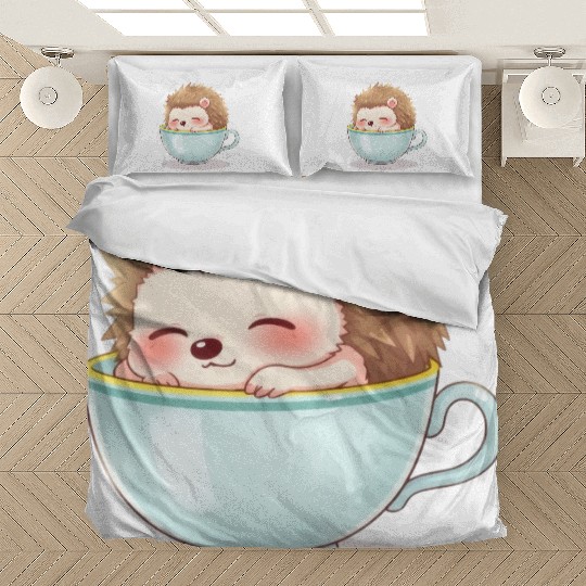 Cute hedgehog relaxing in a light blue cup Bedding Sets