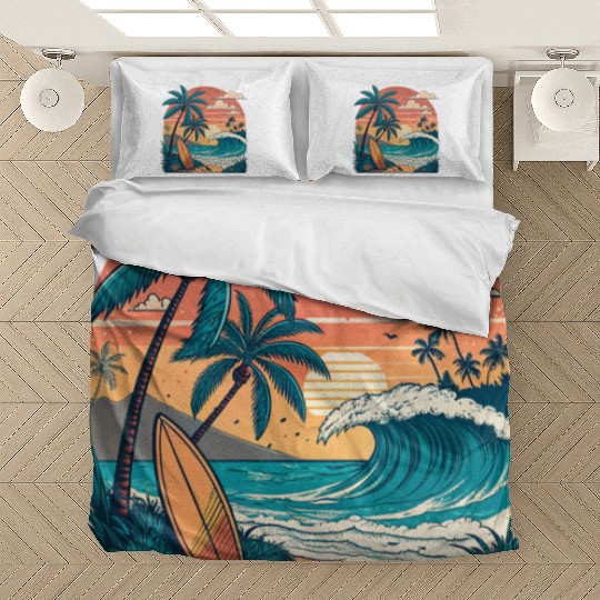 Tropical Paradise Sunset Surfing and Palm Trees Bedding Sets