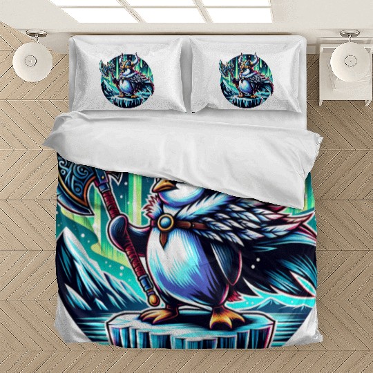 Viking Penguin with Axe Under Northern Lights Bedding Sets