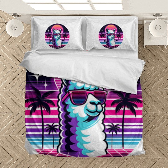 Retro Neon Llama with Sunglasses Vibes Bedding Sets
