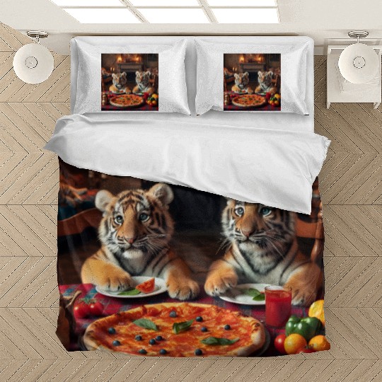 Tiger Cubs eating pizza Bedding Sets