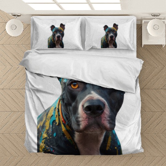 A graffiti-style pitbull portrait, colorful street Bedding Sets