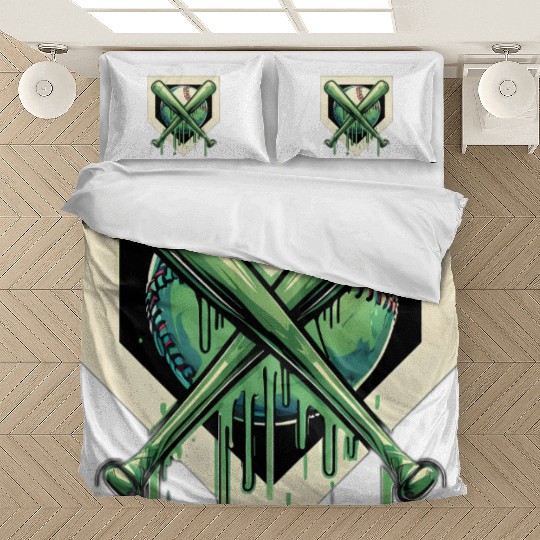 Baseball and Bat Dripping Green Bedding Sets