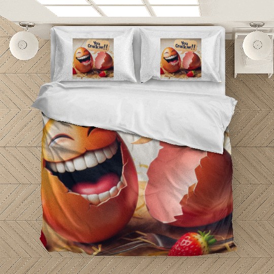 A cracked Easter egg laughing with the caption Bedding Sets