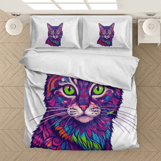 psychedelic cat illustration Bedding Sets