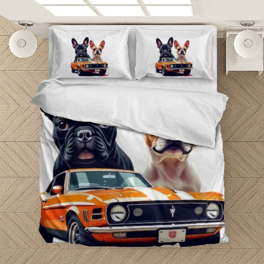 French Bulldogs with Classic Muscle Car – Retro Vi Bedding Sets