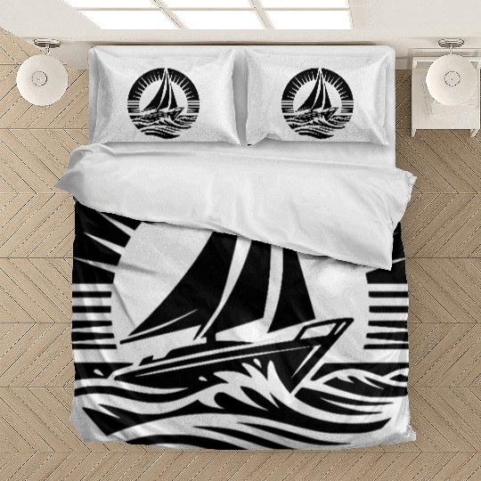 Modern Sailboat With Wave Emblem Bedding Sets