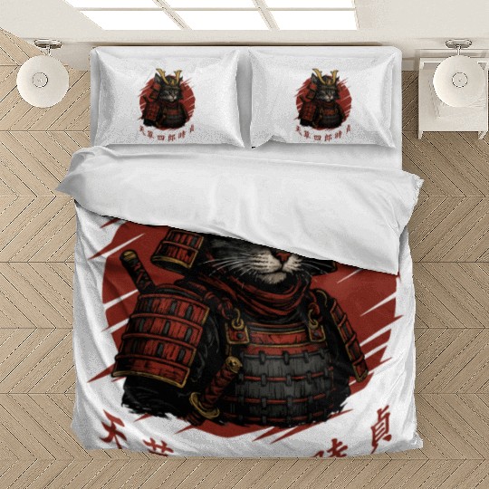 Samurai Cat Warrior – Japanese Red Sun Armor Art Bedding Sets
