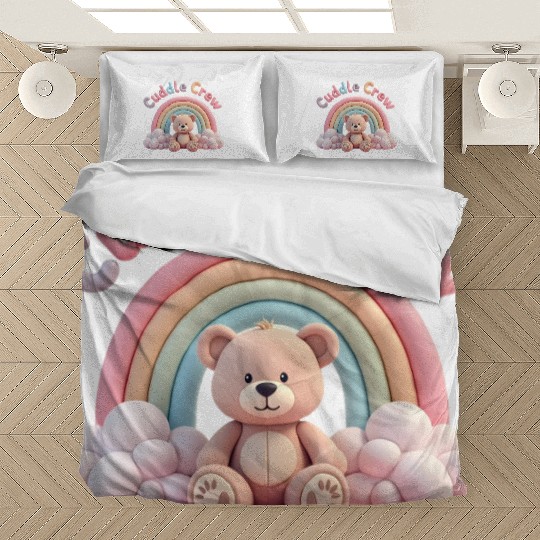 Soft teddy bear sitting under a rainbow Bedding Sets