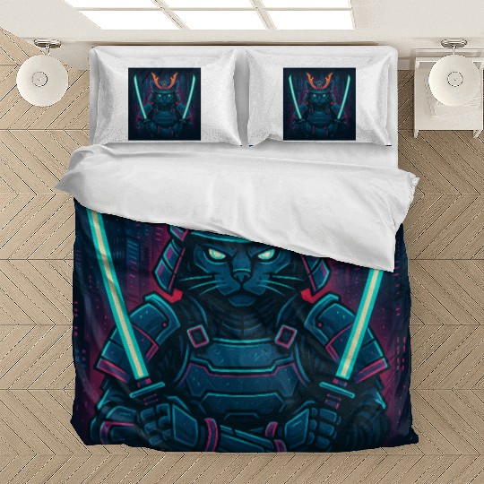 A futuristic samurai cat in neon armor with glo Bedding Sets