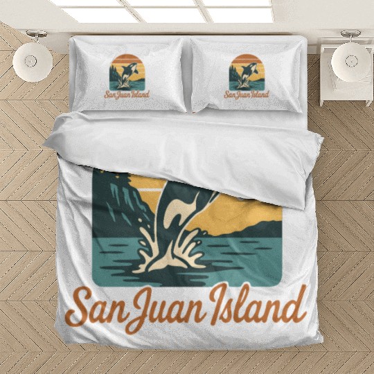 San Juan Island Washington Orca Whale Retro Sunset Bedding Sets