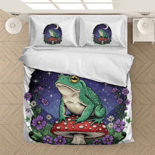 Green Frog on Red Mushroom - Starry Night Bedding Sets