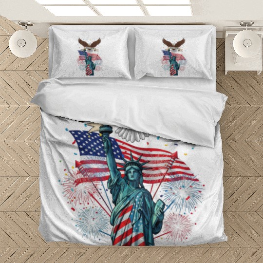 US flag with eagle and statue of liberty Bedding Sets