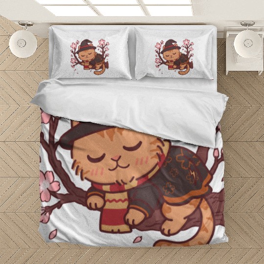 Cute Witch Cat with Cherry Blossoms Bedding Sets
