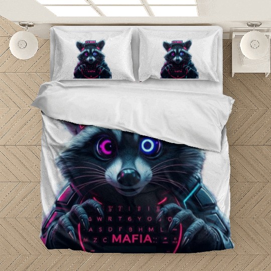 Cyber Raccoon with Neon Mafia Theme Bedding Sets