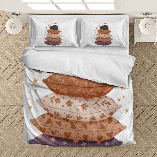 Whimsical Sleepy Cat on Patterned Pillows Bedding Sets