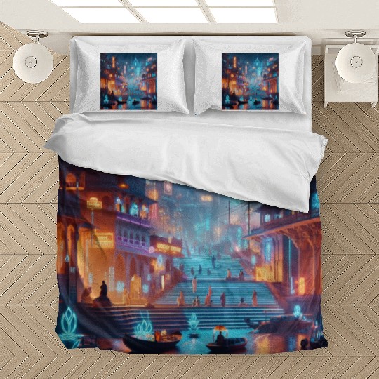 Neon Cityscape at Night Bedding Sets