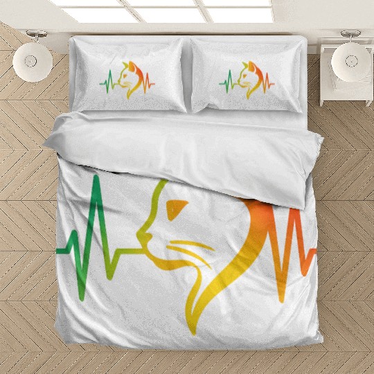 Cool Neon Cat with Glasses and Heartbeat Line Bedding Sets