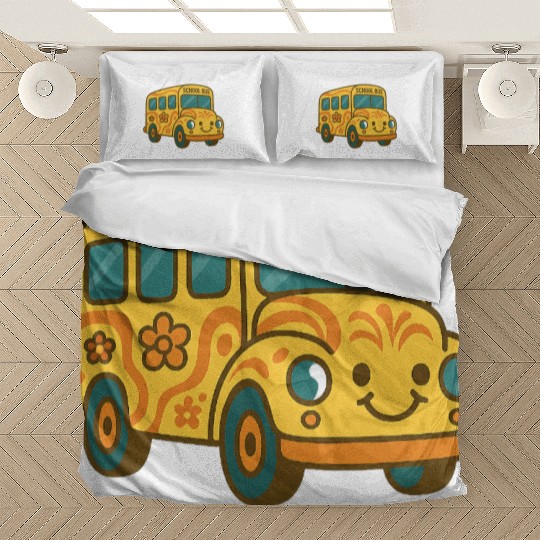 Cute Yellow School Bus Back to School Fun Bedding Sets