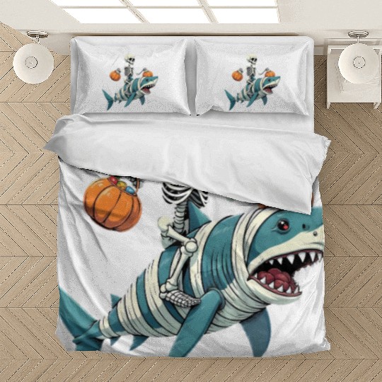 Skeleton Riding Shark Mummy Funny Halloween Bedding Sets