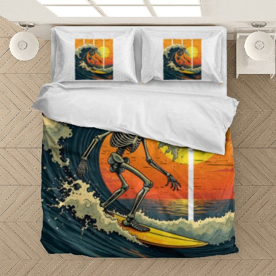 Skeleton Surfer Vintage Surfing Funny Halloween Bedding Sets