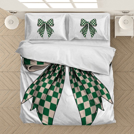 Coquette Bow Cream White Green Checkered Pattern Bedding Sets