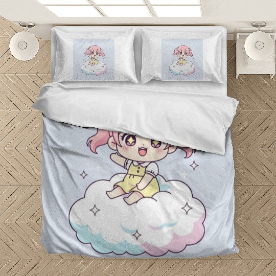 Cute Chibi Girl on Cloud Illustration Bedding Sets